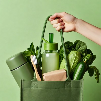 Woman holding eco-friendly green tote bag