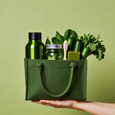 Woman holding eco-friendly green tote bag
