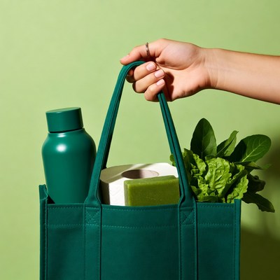 Woman holding green reusable shopping bag