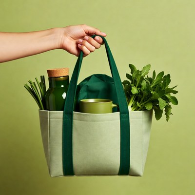 Woman holding green tote bag groceries