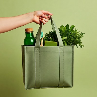 Woman holding green eco shopping bag
