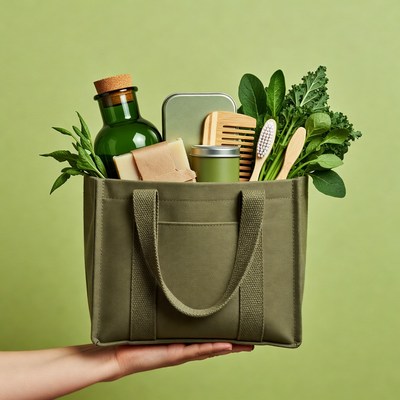 Woman holding eco-friendly green toiletry bag