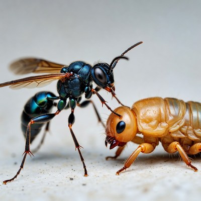 Blue-black wasp attacking orange larva