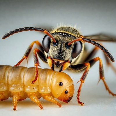 Wasp Attacking Orange Larva