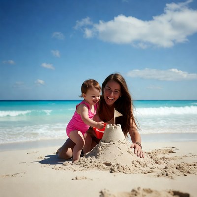 Mother and baby building sandcastle beach