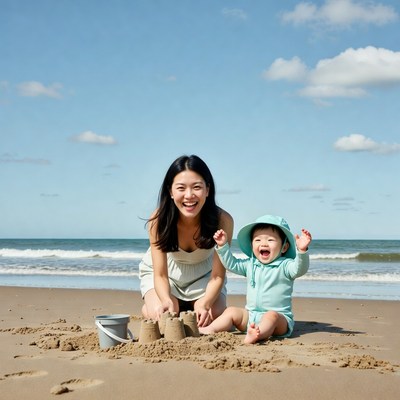 Asian mother and baby building sandcastle beach