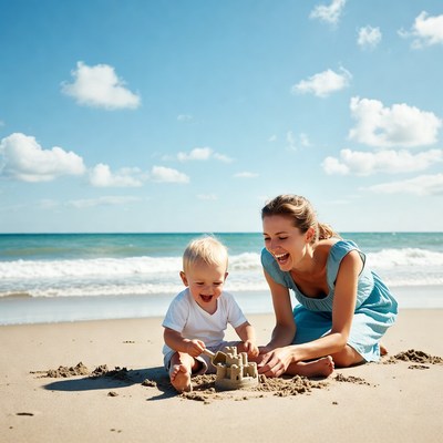 Mother and baby building sandcastle beach
