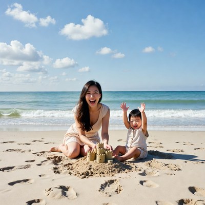 Asian mother and baby building sandcastle beach