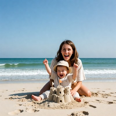 Mother and baby with sandcastle beach