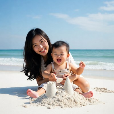 Asian mother and baby building sandcastle beach