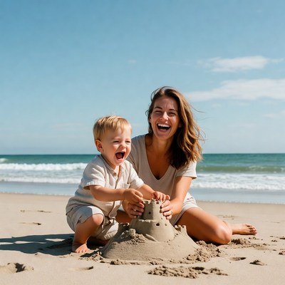 Mother and Toddler Building Sandcastle Beach