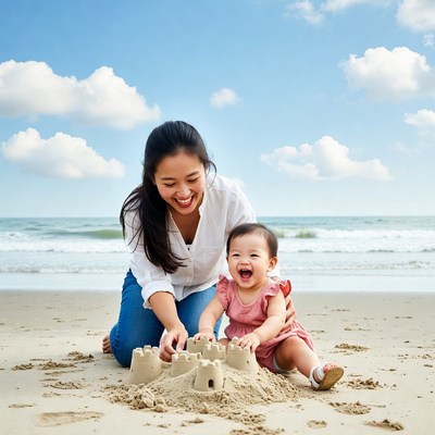 Asian mother and baby building sandcastle beach