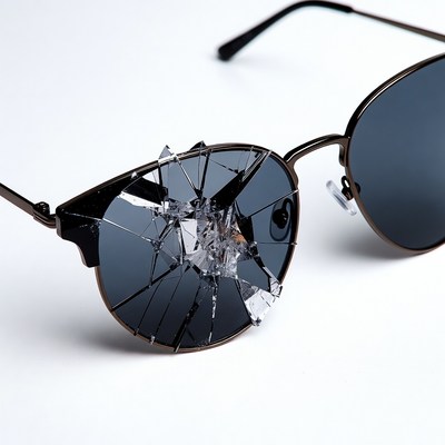 Broken Black Sunglasses on White Background
