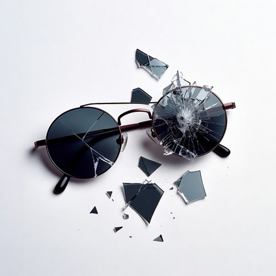 Broken Black Sunglasses on White Background