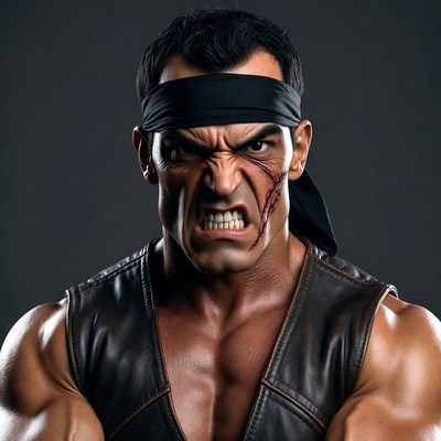 Muscular man with headband snarling