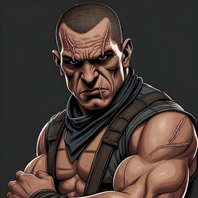 Muscular bald man with scars