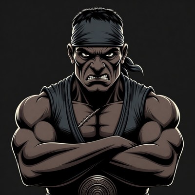 Muscular man with headband glaring