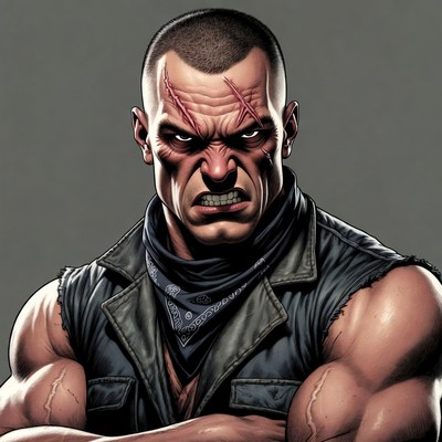 Muscular man with scars and bandana