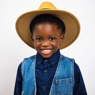 African boy smiling in yellow cowboy hat