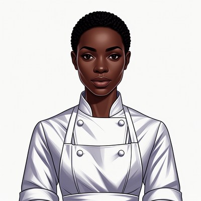 African-American woman in white chef uniform