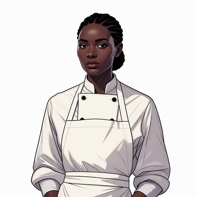 African-American woman in white chef uniform