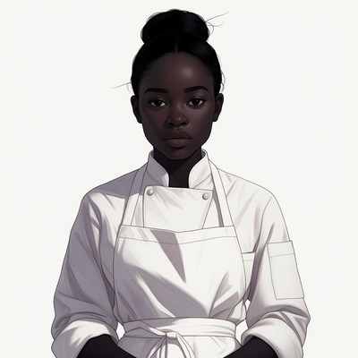 African-American woman in white chef uniform