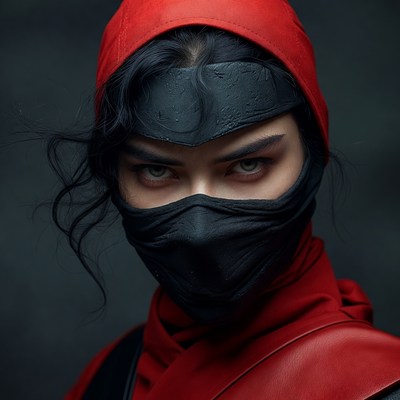 Woman in red ninja hood and mask