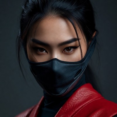 Asian woman in black mask and red collar