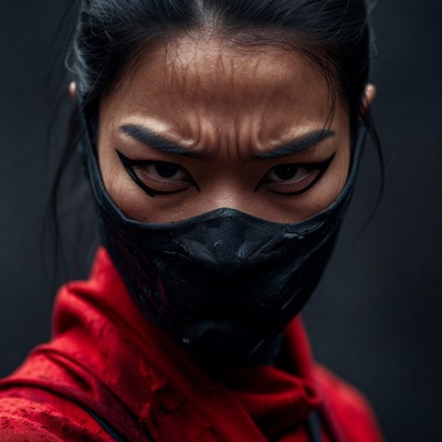 Asian woman in black mask and red robe