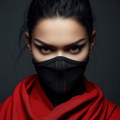 Asian woman in black mask and red scarf