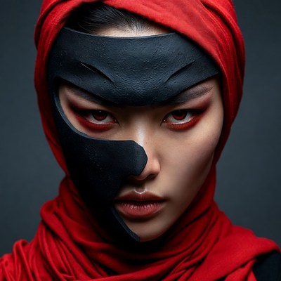 Asian woman in red hijab black mask
