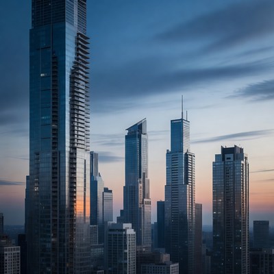 Modern skyscrapers at sunset