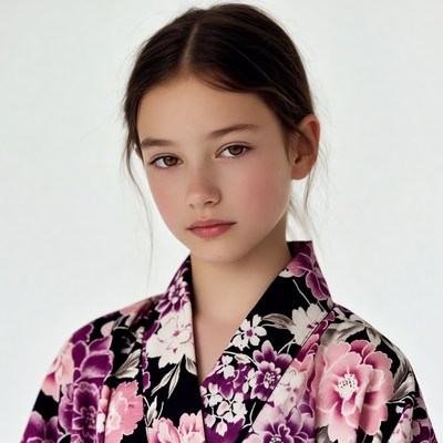 Young Asian girl in floral kimono