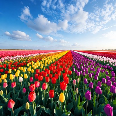Colorful Tulip Fields Under Blue Sky