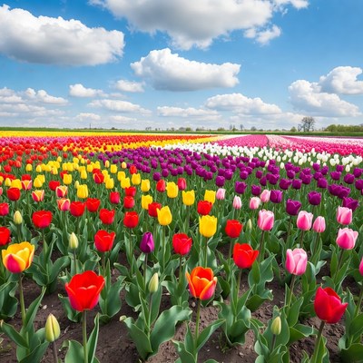 Colorful Tulip Fields Under Blue Sky