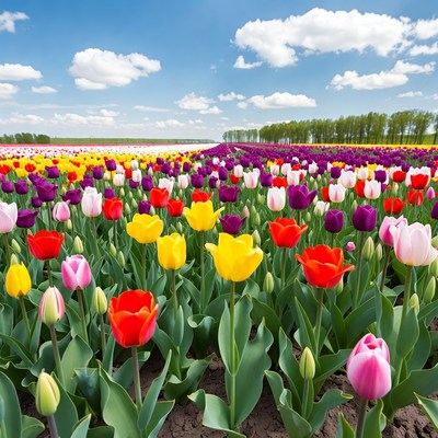 Colorful Tulip Field Under Blue Sky