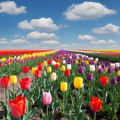 Colorful Tulip Field Under Blue Sky