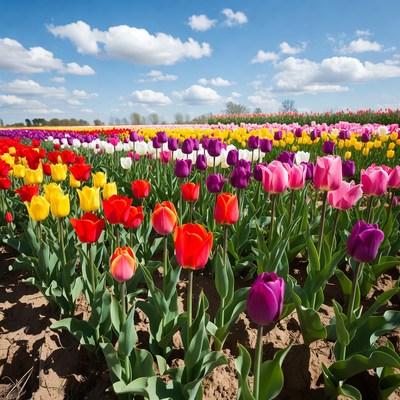 Colorful Tulip Field Under Blue Sky
