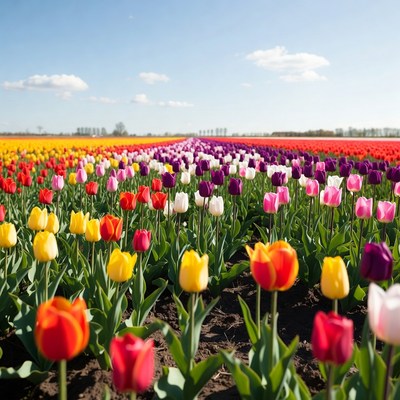 Colorful Tulip Fields Under Blue Sky