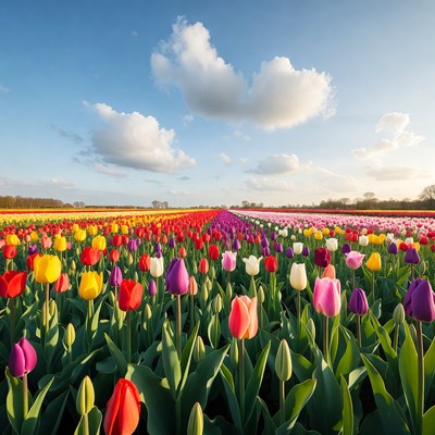Colorful Tulip Field Under Blue Sky