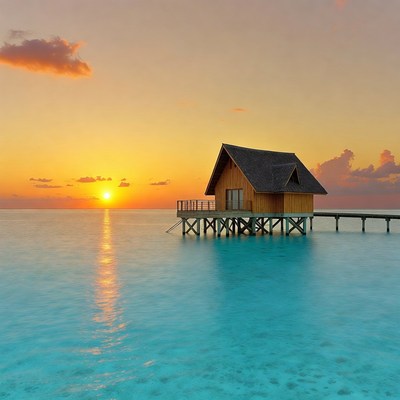 Overwater bungalow at sunset
