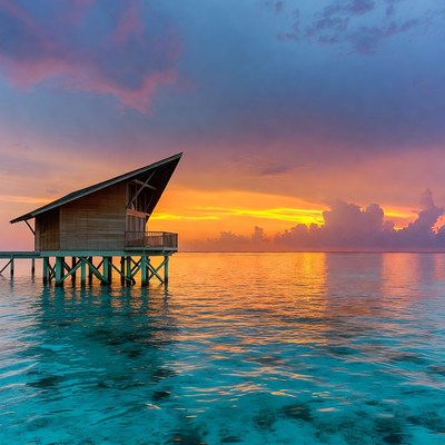 Overwater bungalow at sunset
