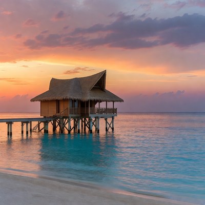 Overwater bungalow at sunset