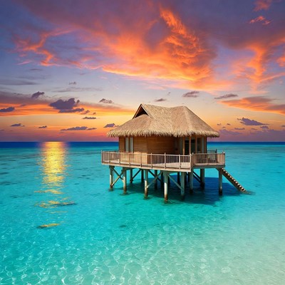 Overwater bungalow at sunset