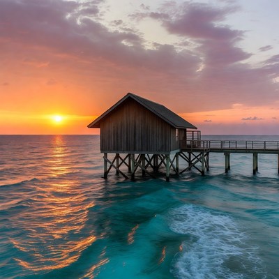 Overwater bungalow at sunset
