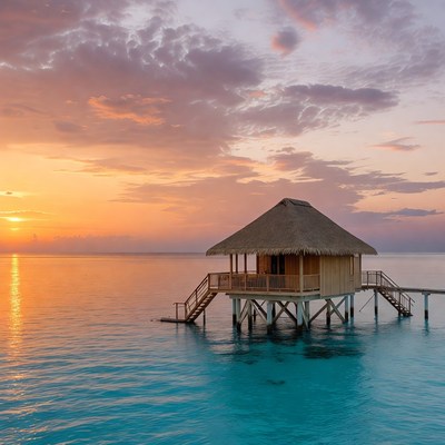 Overwater bungalow at sunset