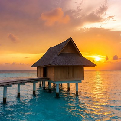 Overwater bungalow at sunset