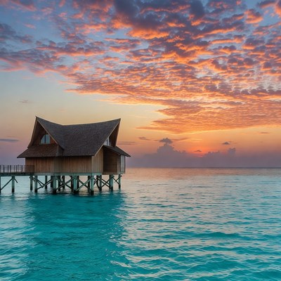 Overwater bungalow at sunset
