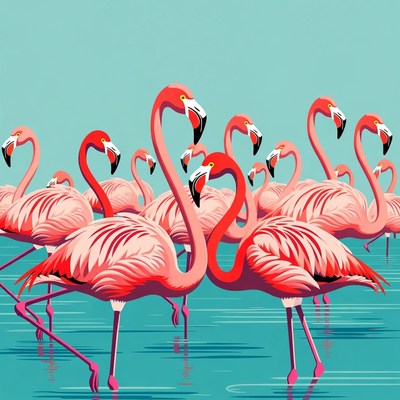 Flock of pink flamingos on blue water