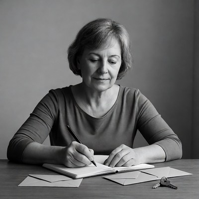 Woman writing in notebook with envelopes